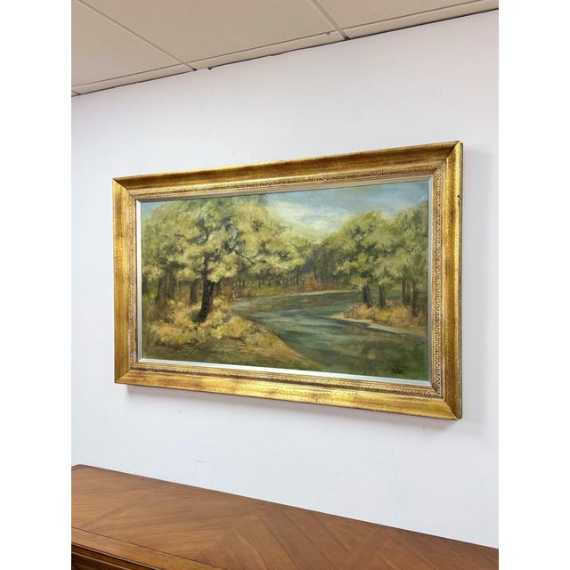 Mid 20th Century Vintage Oil Painting Landscape Father Son Fishing River Impressionist on Canvas For Sale - Image 5 of 15