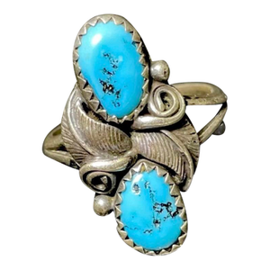 Mid 20th Century Native American Double Feather Ring by John Delvin, Size 6.25