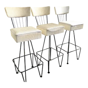 Vintage Bar Stools Mid Century Modern Frederic Weinberg Style White Swivel - Set of 3