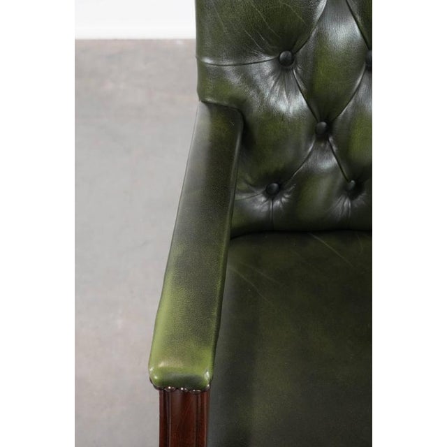 Animal Skin English Style Dark Green Cowhide and Wooden Chesterfield Swivel Desk Chair For Sale - Image 7 of 18