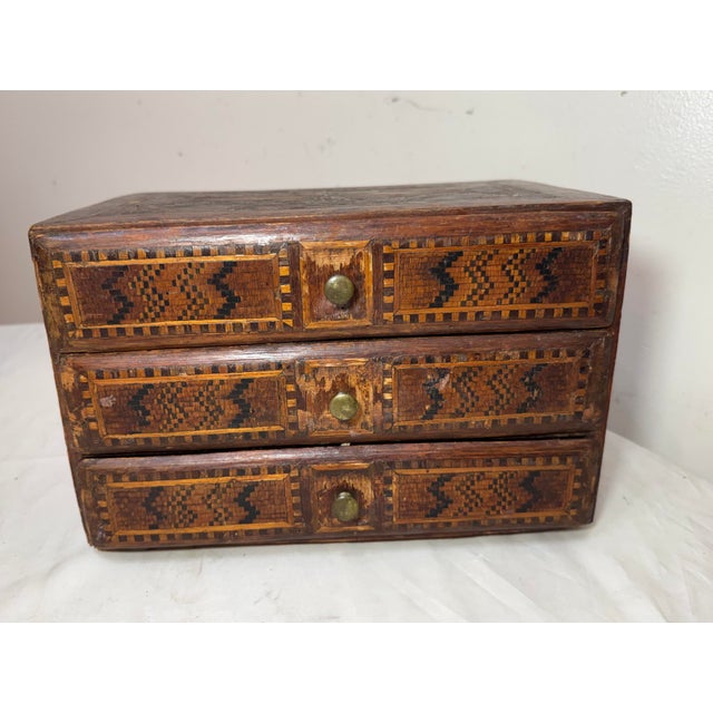 Antique 19th Century Handmade Wood Veneer Marquetry Jewelry Box Dresser Chest For Sale In New York - Image 6 of 14