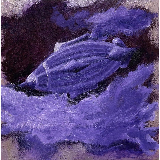 Purple Blimp by Tammi Otis | Oil on Board Oil painting of a purple blimp in a cloudy sky. For Sale
