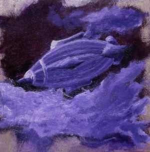 Purple Blimp by Tammi Otis | Oil on Board Oil painting of a purple blimp in a cloudy sky.