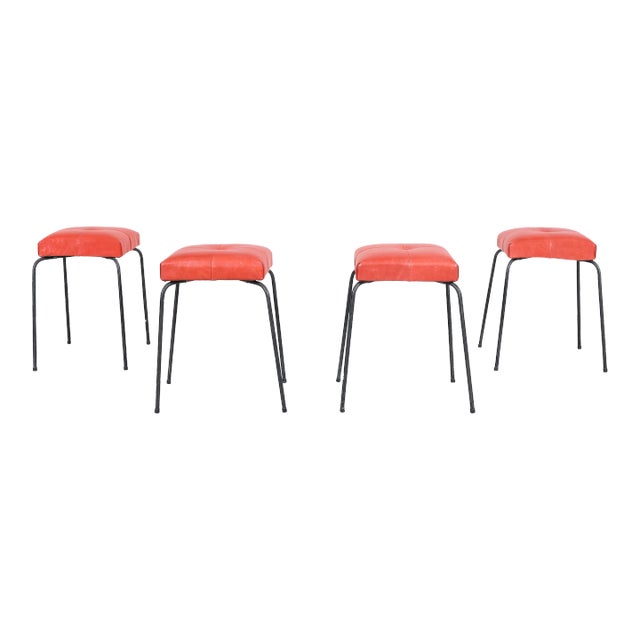 1950s Mid-Century Leather and Iron Stools by Calfran Rattan - Set of 4 For Sale