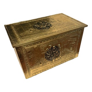 Vintage Embossed Brass Clad Wood Hearth Storage Chest European Family Scene For Sale