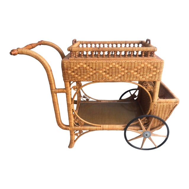 Rare Early 1900’s Heywood Wakefield Rattan & Cane Serving Tea Bar Cart For Sale