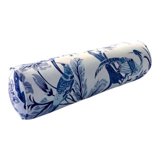 Blue & White Chinoiserie Bolster Pillow – Bird & Botanical Motif For Sale