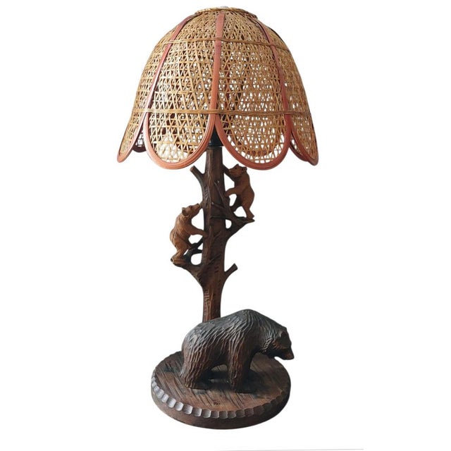 Rustic Three Bear Family Table Lamp with Wicker Shade, 1950 For Sale - Image 6 of 6