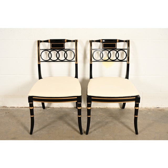 English Baker Furniture Historic Charleston Regency Ebonized and Gold Gilt Side Chairs or Dining Chairs, Pair For Sale - Image 3 of 16