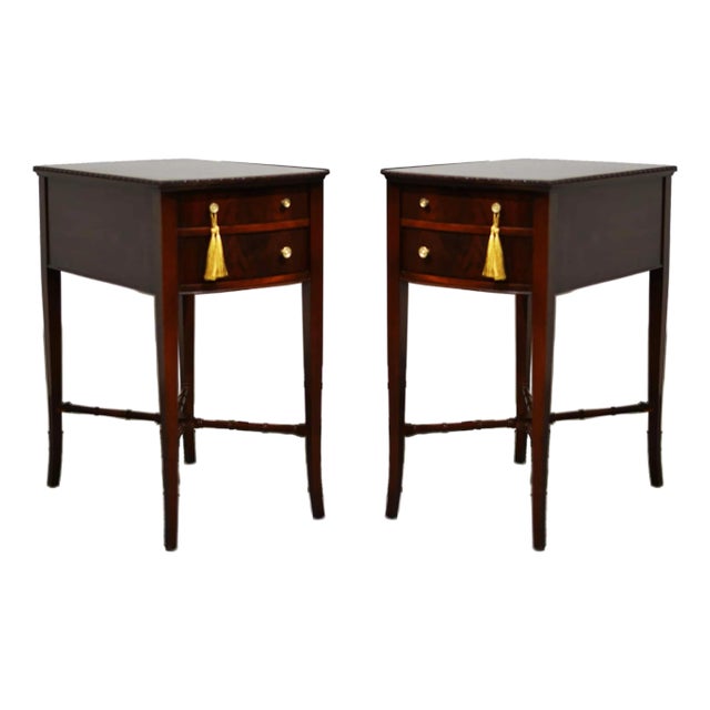 Mid Century Hepplewhite Style Mahogany Bow-Front Bedside Tables With Faux-Bamboo Stretchers - A Pair For Sale