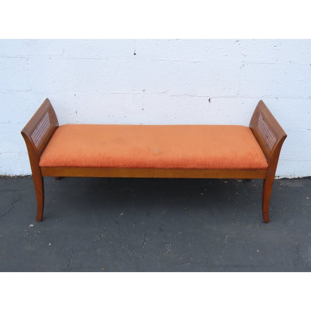 Mid Century Modern Caned Long Upholstered Window Hall End of Bed Bench 6636 For Sale - Image 4 of 15