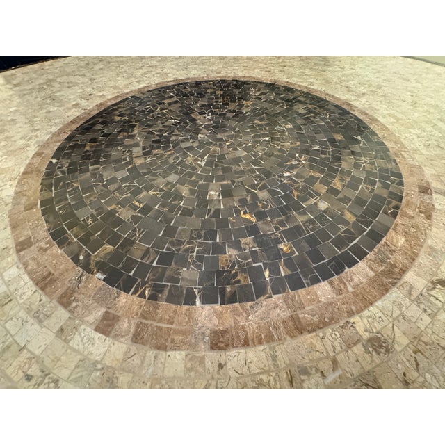 Beautiful Arhaus Italian travertine mosaic dining table from their early 2000's Tuscan/Mediterranean-inspired stone...