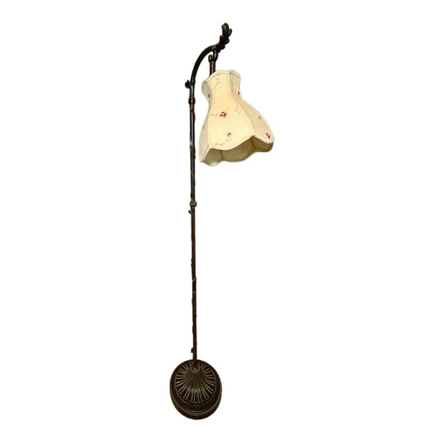 Vintage Art Nouveau Style Floral Vine Bridge Floor Lamp With Embroidered Shade For Sale