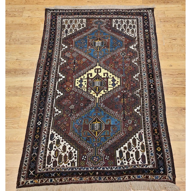 Early 20th Century Vintage Persian Qashqai Tribal Area Rug, Handwoven Geometric Pattern, Rust Red & Ivory, 4’ X 6’ For Sale - Image 5 of 12