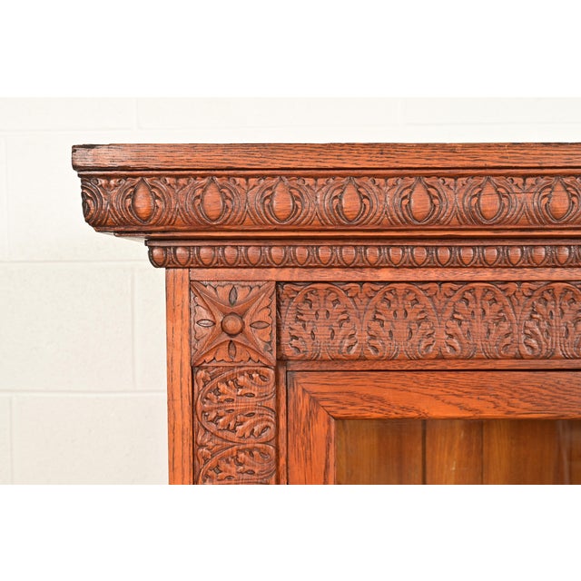 Wood R. J. Horner Style Antique Victorian Carved Oak Triple Bookcase Cabinet, Circa 1880s For Sale - Image 7 of 13