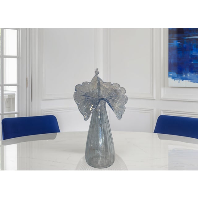 Transparent 21 In. Tall Art Glass Clear Fluted Confetti Blue Speckled Flower Shaped Vase For Sale - Image 8 of 17