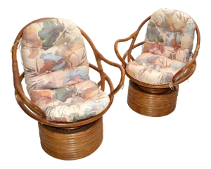 Pair of Bamboo Swivel Club Chairs Lounge Chairs Upholstery Bohemian Chic 1975
