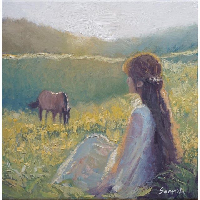 Sean Wu Original Oil Painting, Girl and Her Horse For Sale