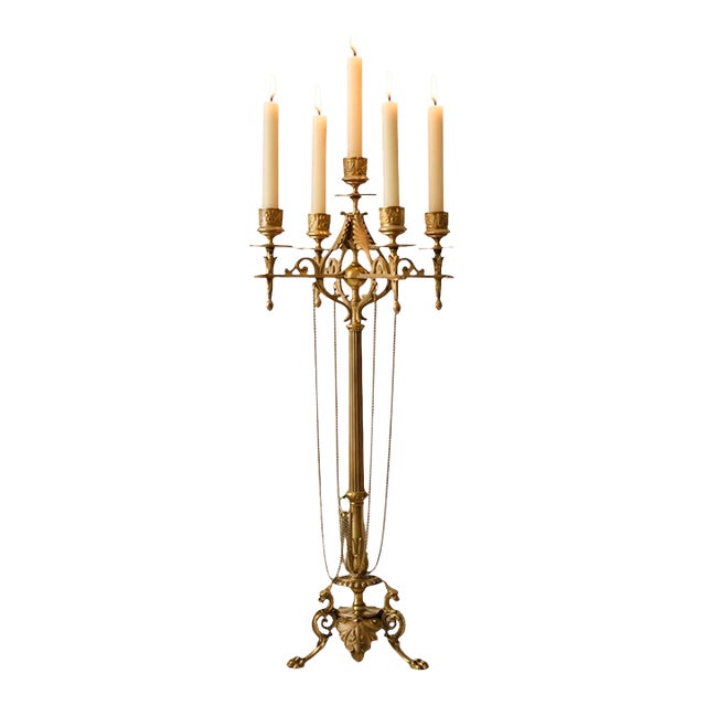 Antique French 5 Light Candelabra Dragon Feet Draped Chains Neoclassical For Sale