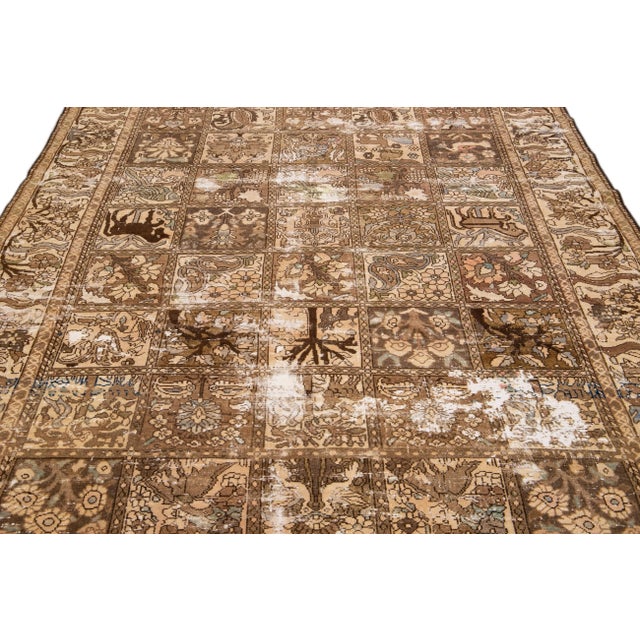 Persian 1960s Vintage Distressed Handmade All Over Beige Wool Rug For Sale - Image 3 of 9