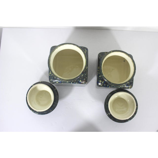 1960s Vintage Ceramic Drip Glaze Mid-Century Modern Kitchen Canisters Set of 2 Lidded Pots For Sale - Image 4 of 8