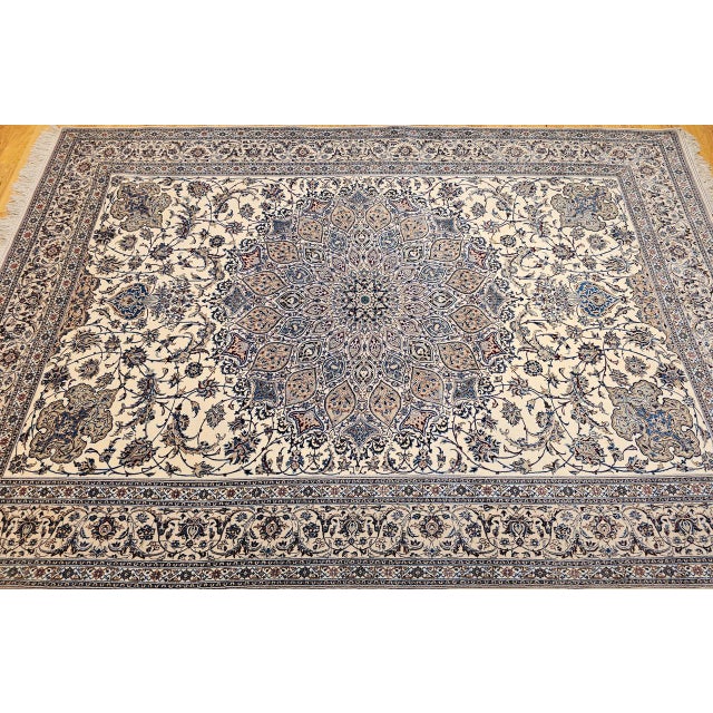 Vintage Exceptionally Fine Nain Area Rug, Hand-Knotted Wool & Silk, Floral Pattern, 7x11, Ivory & Blue For Sale - Image 9 of 18