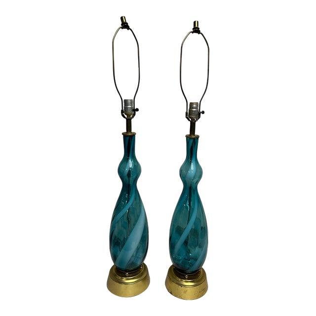 1970s Mid-Century Modern Murano Blue Swirl Glass Lamps - a Pair For Sale
