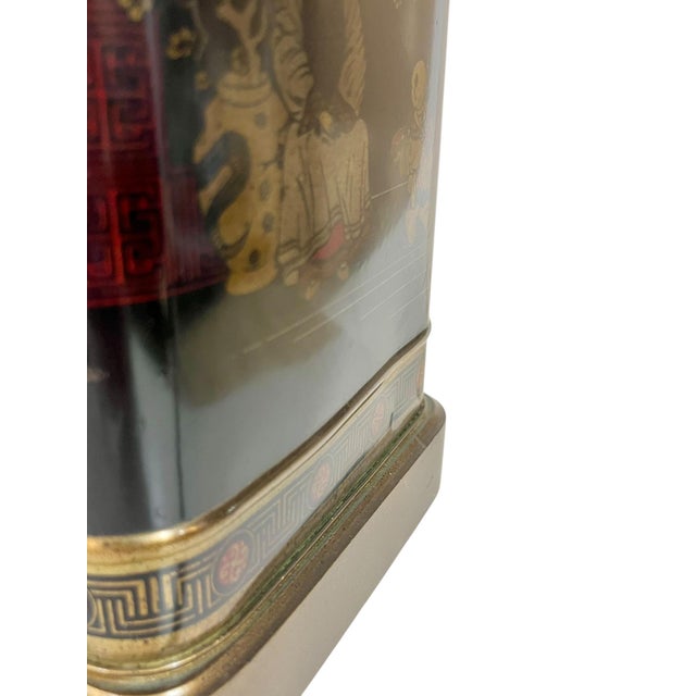 Mid 20th Century Pair Frederick Cooper Style Black Chinoiserie English Tin Tea Caddy Lamps With Original Shades For Sale - Image 13 of 18