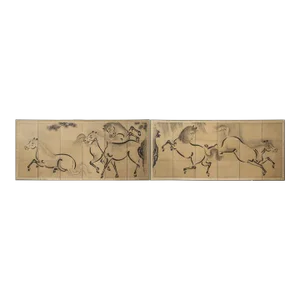 Japanese Pair of Folding Screens Byobu Antique Paper Black Calligraphy Large Horses Animals Screen Signed Tsunenobuo