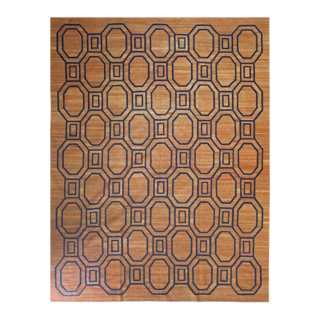 9x11 Brown Flat Weave Wool Linked Octagons Geometric Modern Carpet Rug For Sale