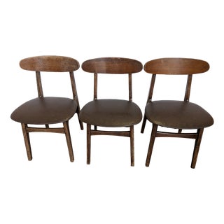 Vintage Wooden Dining Chairs with Brown Leather Seats, 1970s, Set of 3 For Sale