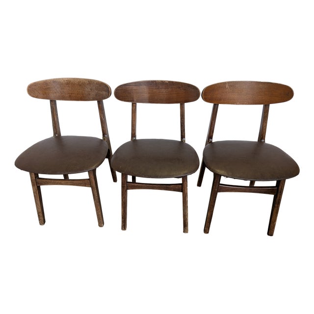 Vintage Wooden Dining Chairs with Brown Leather Seats, 1970s, Set of 3 For Sale