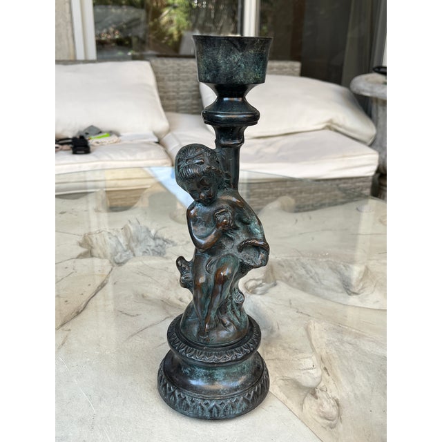 Vintage French Style Patinated Brass and Bronze Figural Cherub Putti Candlesticks - A Pair For Sale - Image 13 of 13