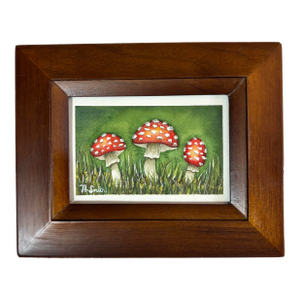 Miniature Original Watercolor Painting Trio of Amanita Mushrooms — Walnut Frame