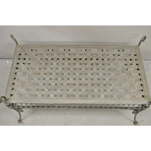 Late 20th Century Decorator Wrought Iron Scrolling French Country Style Gray Lattice Bench For Sale - Image 4 of 12