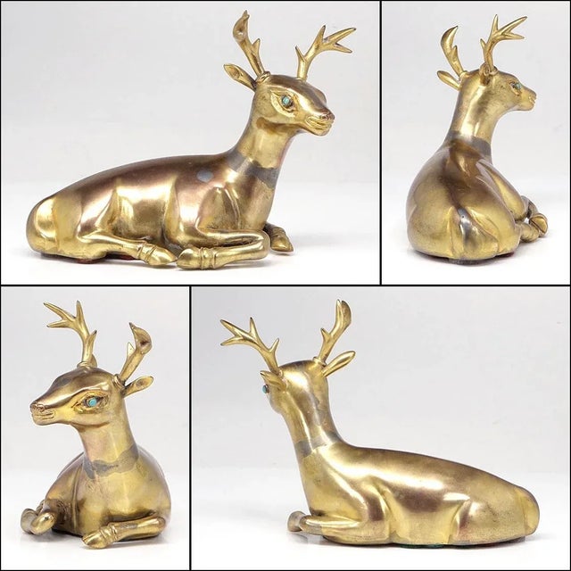 Figurative 1940s Gilt Bronze Deer Figures With Turquoise Eyes - Set of Two For Sale - Image 3 of 9