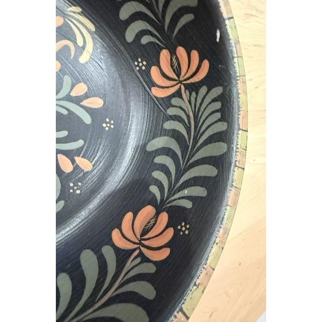 Vintage Rare Pennsylvania Dutch Hand Painted Classic Black Wooden Bowl Signed 12" For Sale - Image 9 of 10