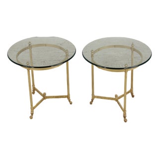 Pair of Brass & Glass Round End Tables For Sale
