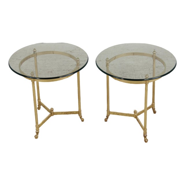 Pair of Brass & Glass Round End Tables For Sale