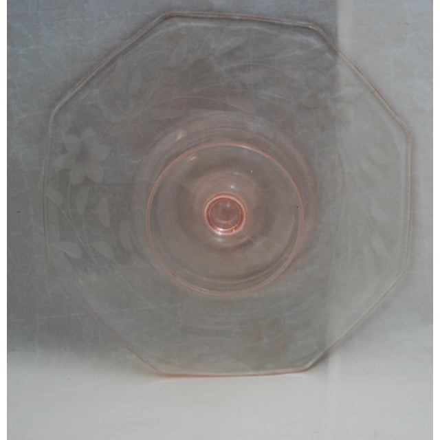 Glass Vintage Pink Depression Glass Octagonal Floral Etched Cake Stand For Sale - Image 7 of 7