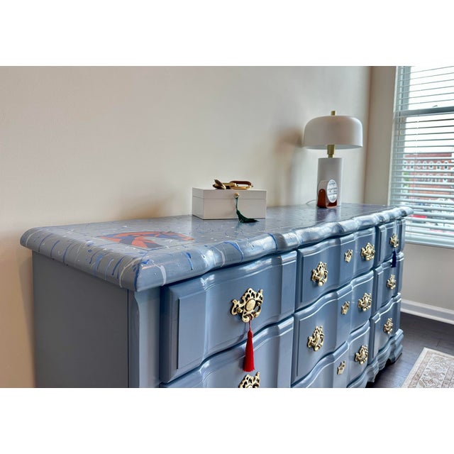 Blue 1970s Large Blue Gray Double Dresser – Contemporary Glam Style For Sale - Image 8 of 14