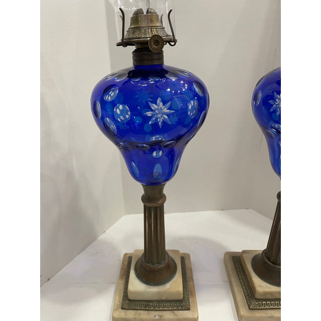 Stone Late 19th Century Cut to Clear Cobalt Blue Oil Lamps W/Brass & Marble Bases - a Pair For Sale - Image 7 of 12
