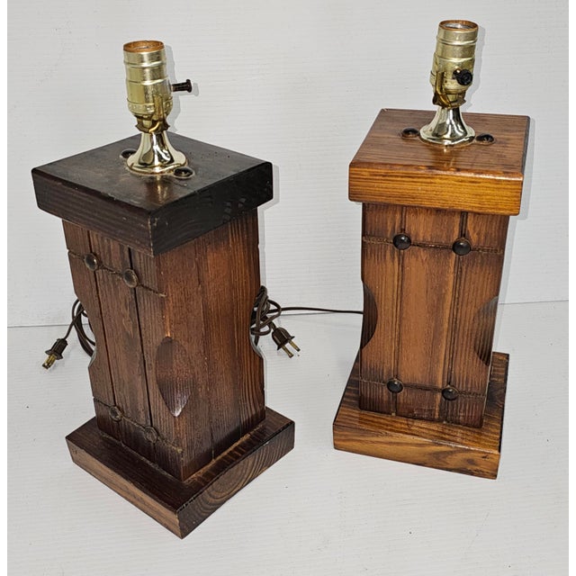 1970s Pair of 1970s Handcrafted Rustic Solid Pine Framhouse Style Lamps For Sale - Image 5 of 9