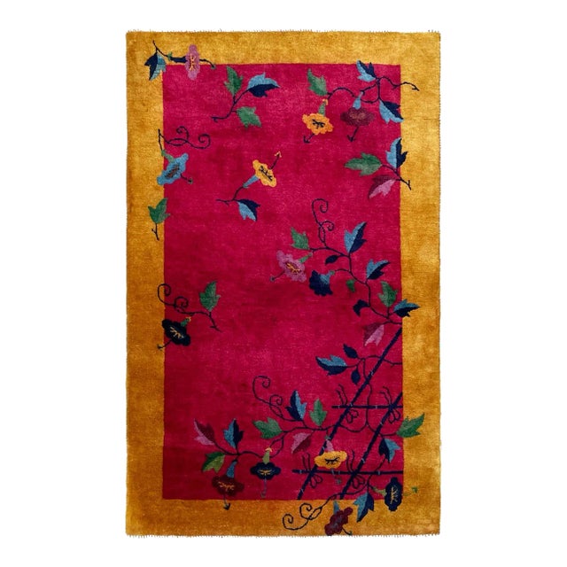 Early 20th Century Antique Art Deco Chinese Rug Flower Lovers 3'1" X 4'10" #17451 C-1920's For Sale