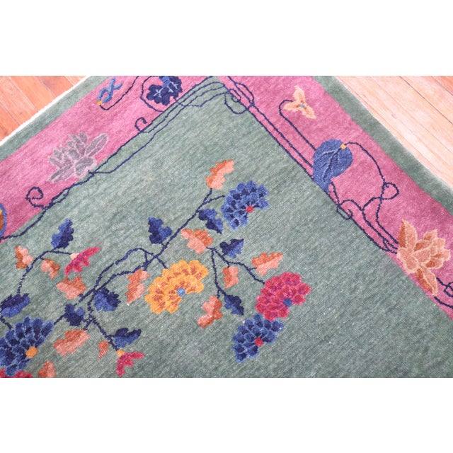 Pink Pink Green Antique Chinese Art Deco Foyer Size Carpet For Sale - Image 8 of 18