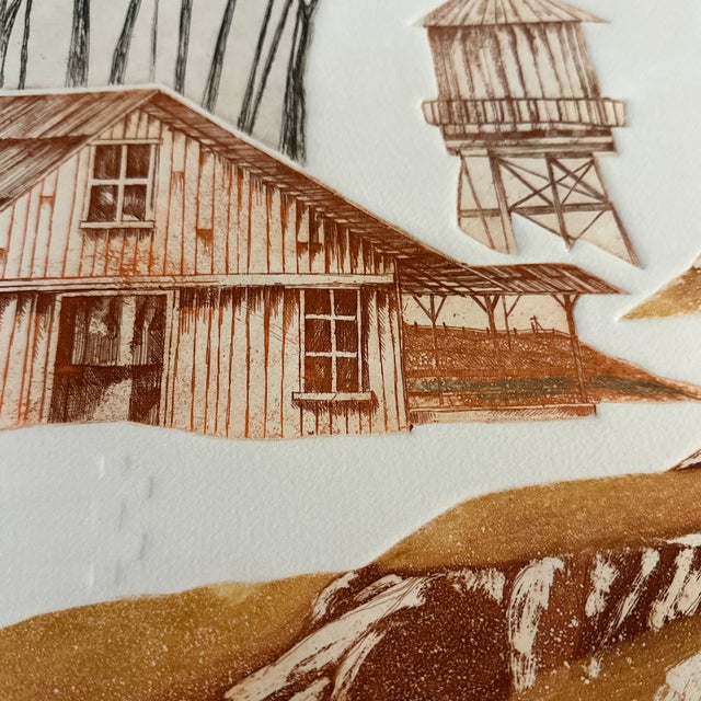 1980s Intaglio Plate Print by Artist Martin Tobias, Last Rays of Summer, Framed Farm Landscape in Rust Tones For Sale - Image 5 of 9