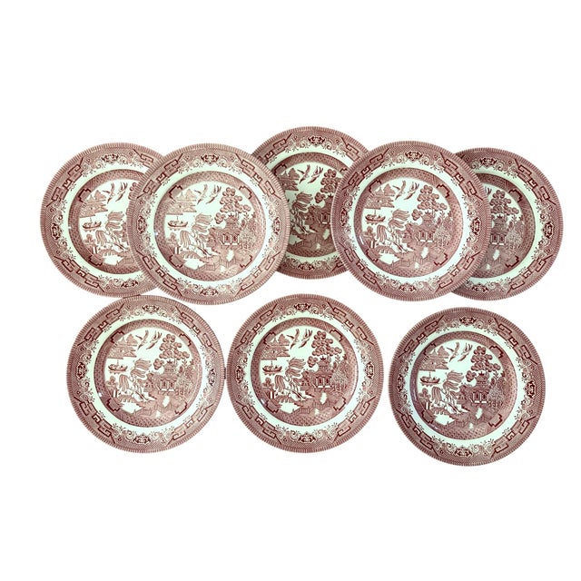 Vintage pink willow dinner set. Made by Churchill made in England. Pink and white plates include: 8 dinner plates 10.25" 8...
