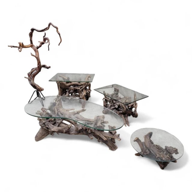 Mid Century Drift/Teak Root Live Edge Rectangle Glass Top Side Table - Set of 2 For Sale In Chicago - Image 6 of 6