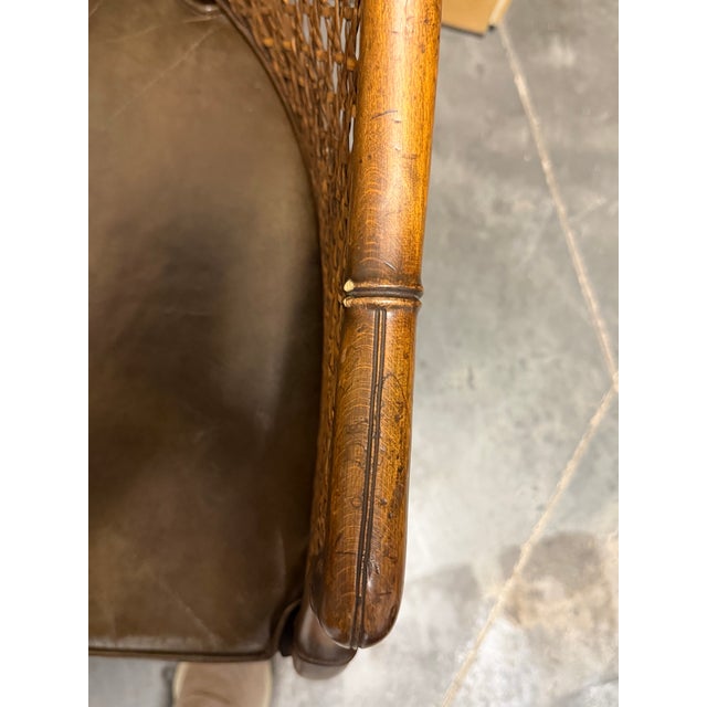 Kindel Furniture Mid-Century Faux Bamboo and Cane Barrel Back Chair With Leather Cushion For Sale - Image 4 of 11