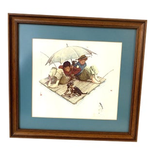 Norman Rockwell Licensed Framed Print "Me and My Pal: Fishing Raft" Framed 70s Reproduction For Sale